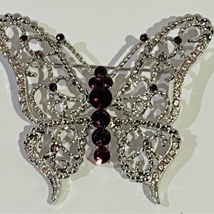 Elegant Costume Silver and Amethyst Butterfly Brooch